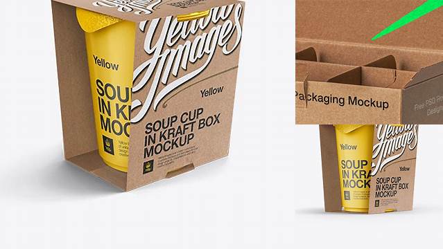 3732+ Soup Cup in Kraft Box PSD Mockup / Front 3/4 View Eye-Level Shot Download Free PSD