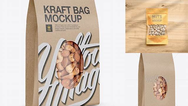 3743+ Kraft Stand-Up Pouch with Nuts PSD Mockup Half-Side View Unique High-Resolution Design Freebie