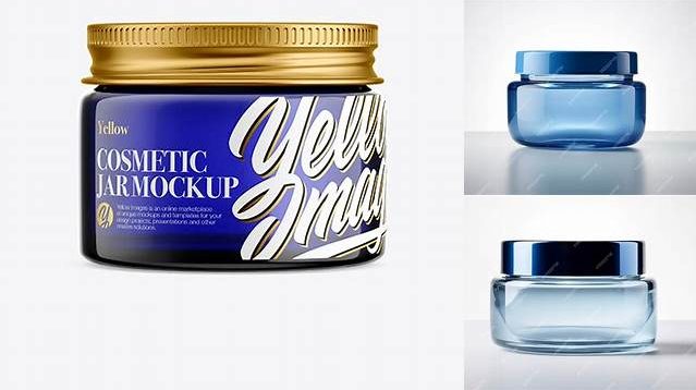 3744+ Blue Glass Cosmetic Jar with Metallic Cap PSD Mockup Front View Premium Freebie for Designers