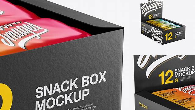 376+ 12 Metallic Snack Bars Display Box PSD Mockup Halfside View High-Angle Shot Smart PNG Image