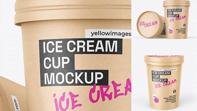 3762+ Kraft Ice Cream Cup PSD Mockup Front View High-Angle Shot Editable Photoshop Free Mockup