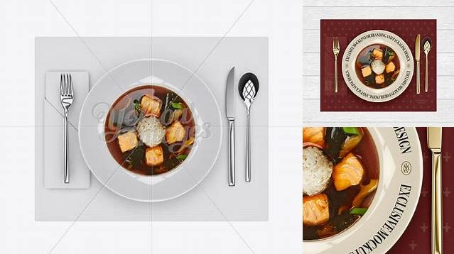 3773+ Plate with Salmon Miso Soup and Cutlery PSD Mockup Top View Best for Showcase