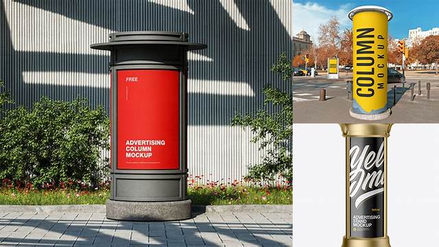 3784+ Round Metallic Street Advertising Column PSD Mockup Elegant and Stylish Free PSD