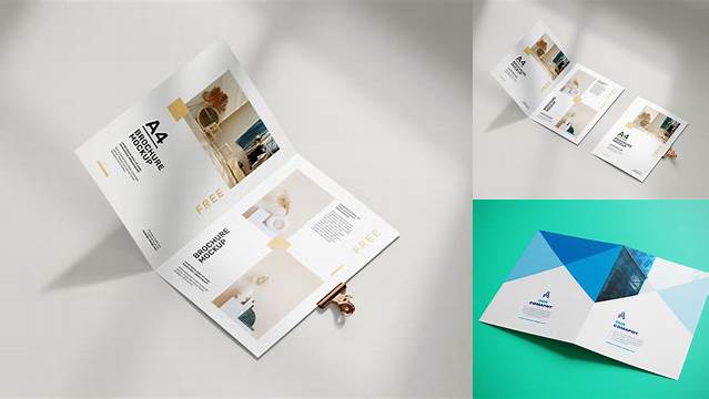 3802+ A4 Folded Brochure PSD Mockup Half Side View High Angle Shot Creative Free Photoshop Template