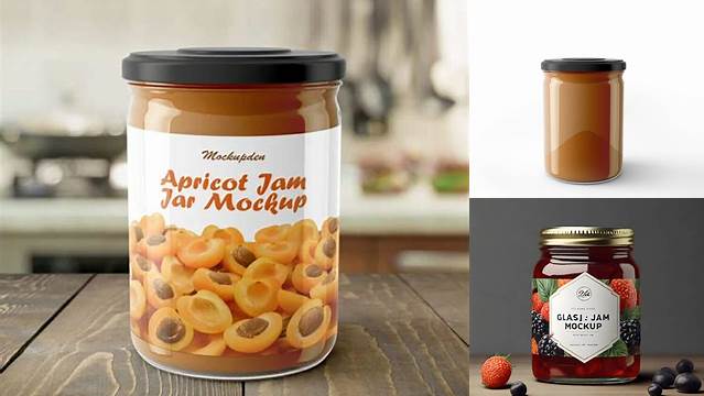 3818+ Glass Apricot Jam Jar PSD Mockup Front View High-Quality Digital Mockup Resource