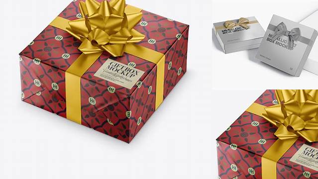 382+ Matte Metallic Gift Box with Glossy Bow PSD Mockup Fully Layered PSD Freebie