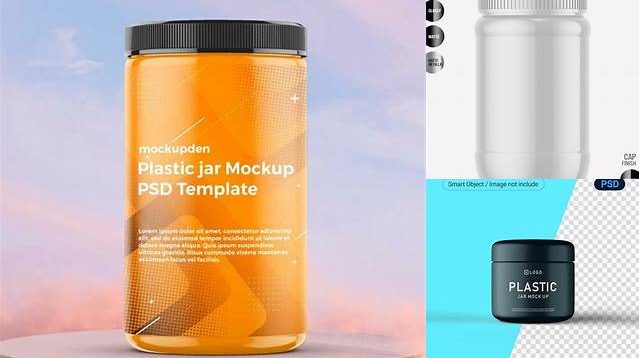 3824+ Glossy Plastic Jar with Matte Label PSD Mockup Front View Modern PSD Templates