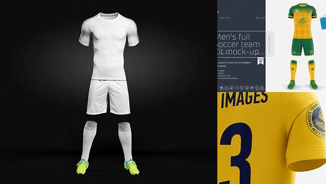 3827+ Men’s Full Soccer Kit with V-Neck Shirt PSD Mockup Hero Back Shot Premium Mockup Freebie