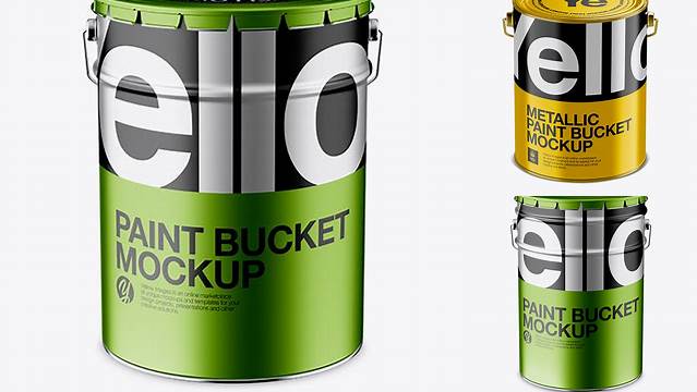 3828+ 5L Metallic Paint Bucket PSD Mockup Front View High-Angle Shot Modern Free PSD Template