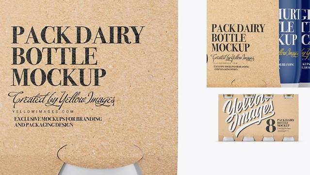 3842+ 8 Kraft Pack Kraft Dairy Bottle PSD Mockup Front View Fully Layered Photoshop Freebie