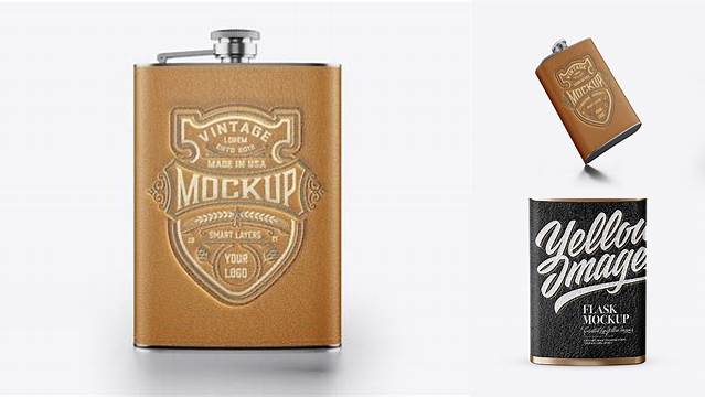 3844+ Steel Flask With Leather Wrap PSD Mockup High-Angle Shot Easy Editable