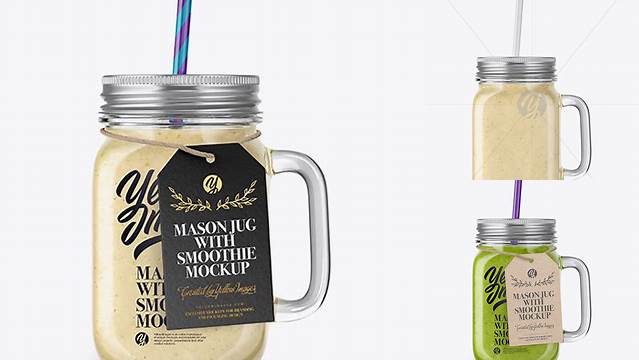 3850+ Closed Mason Jug with Straw and Label PSD Mockup Banana Smoothie Elegant PSD Mockup