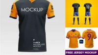 3856+ Football Kit with V-Neck T-Shirt PSD Mockup / Front View Customizable PSD Templates