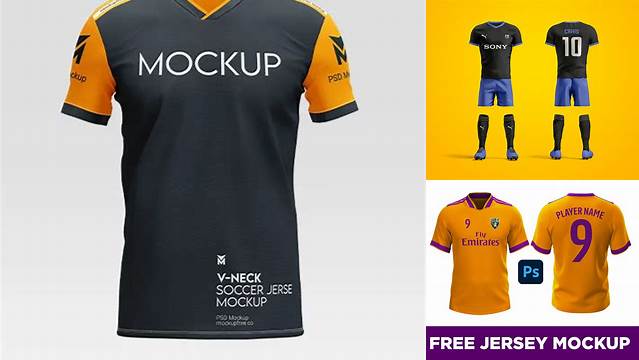 3856+ Football Kit with V-Neck T-Shirt PSD Mockup / Front View Customizable PSD Templates