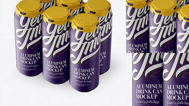 3899+ Pack with 6 Matte Aluminium Cans with Plastic Holder Half Side View High-Angle Shot Free Graphic Mockup PSD