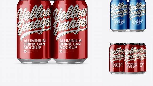 3905+ Pack with 4 Metallic Aluminium Cans with Plastic Holder PSD Mockup Unique and Editable PSD