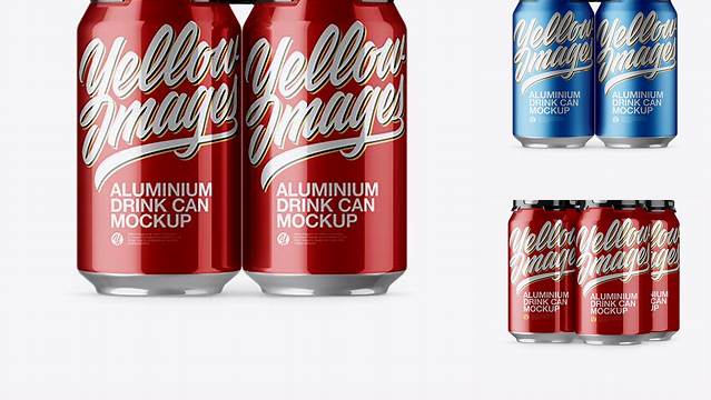 3905+ Pack with 4 Metallic Aluminium Cans with Plastic Holder PSD Mockup Unique and Editable PSD