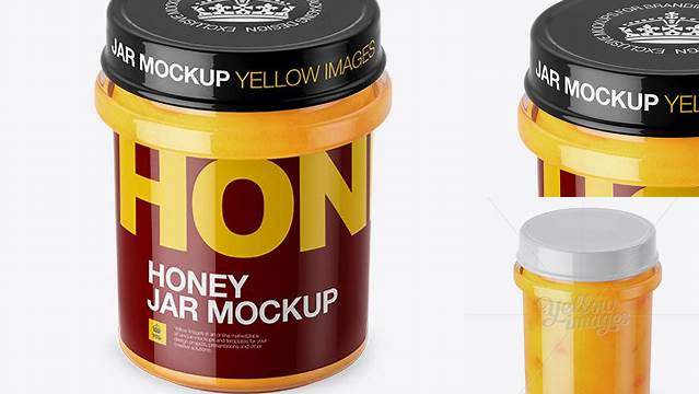 3909+ Creamed Honey with Dried Apricots Glass Jar PSD Mockup High-Angle Shot Modern PSD Templates