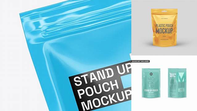 3917+ Glossy Stand Up Pouch PSD Mockup Front View Easy Editable