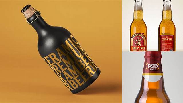 3941+ Amber Glass Bottle with Dark Beer PSD Mockup Premium Mockup Freebie