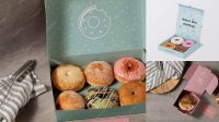 395+ Box with Donut PSD Mockup Front View High Angle Shot Free Premium Photoshop Template Download