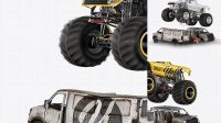 3957+ Monster Truck Flying Over Cars PSD Mockup Creative Design Mockup