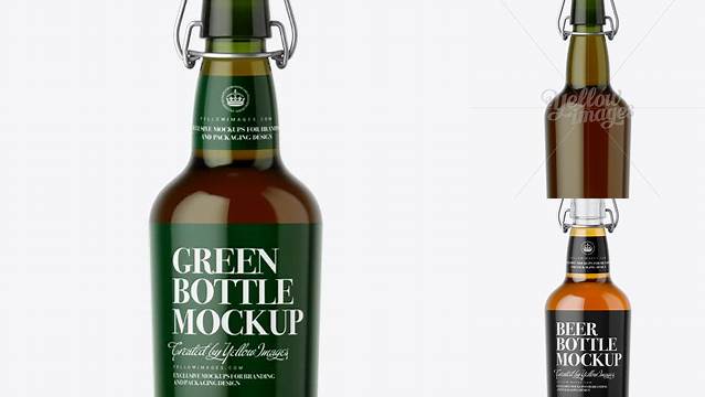 3962+ Green Glass Beugle Bottle with Beer PSD Mockup Front View Customizable Design Files