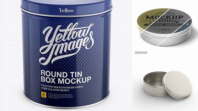 3962+ Small Round Tin Box PSD Mockup Up Front View High-Angle Shot Advanced and Editable PSD Template Free