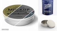 3972+ High Round Tin Box PSD Mockup Up Front View High-Angle Shot Free PSD Mockup Resource