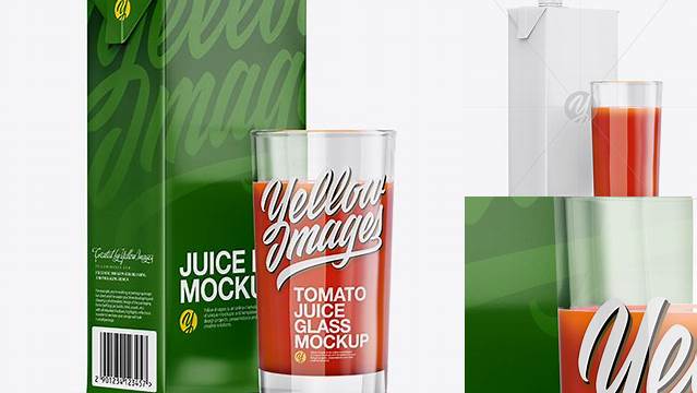 3979+ 1L Carton Pack With Tomato Juice Glass PSD Mockup Halfside View Include TIFF