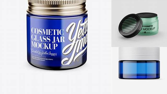 3995+ Blue Glass Cosmetic Jar PSD Mockup Front View High Angle Shot Fully Layered PSD Freebie