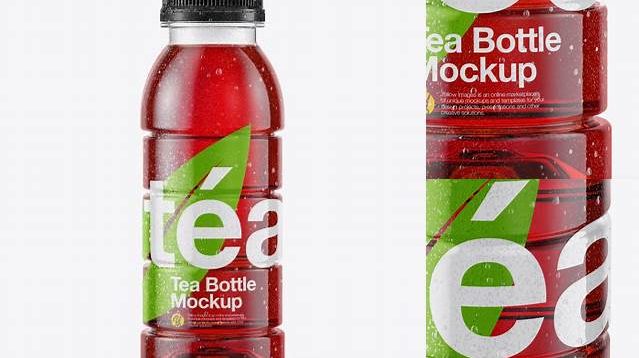 4012+ 10oz Tea Bottle in Shrink Sleeve with Condensation PSD Mockup Front View High-Angle Shot Elegant and Stylish Mockup