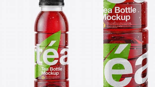 4012+ 10oz Tea Bottle in Shrink Sleeve with Condensation PSD Mockup Front View High-Angle Shot Elegant and Stylish Mockup