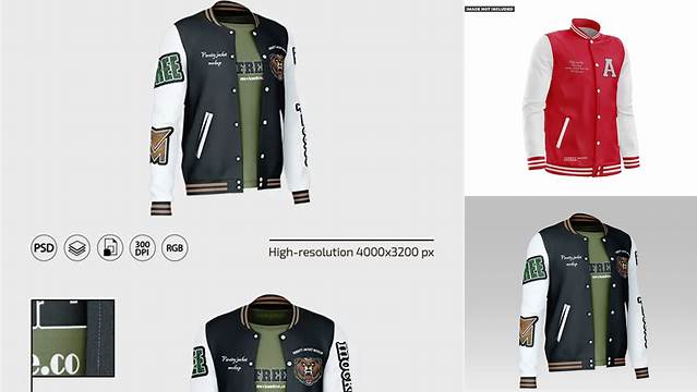 4051+ Men’s Varsity Jacket PSD Mockup Back Half-Side View High-Quality PSD Files