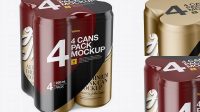 4077+ 4 Matte Metallic Cans in Shrink Wrap PSD Mockup Half Side View High Angle Shot Elegant Photoshop Mockup