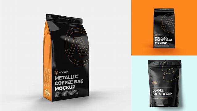 4110+ Metallic Bag with Coffee Cup PSD Mockup Front View High-Resolution Editable PSD