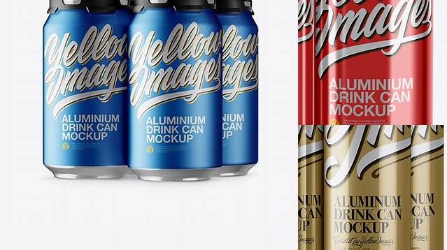 4126+ Pack with 4 Metallic Aluminium Cans with Plastic Holder Half Side View Download Free Premium Design PSD