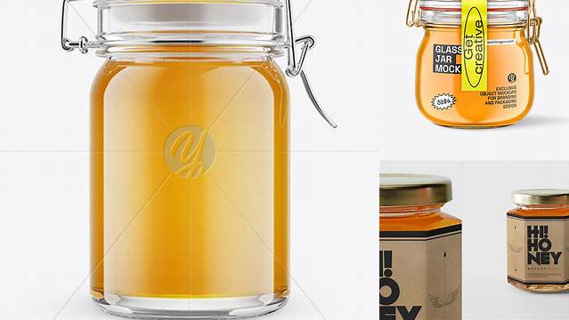 416+ Honey Jar with Clamp Lid PSD Mockup 3/4 View Exclusive Layered PSD Mockup