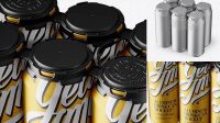 4182+ Pack with 6 Matte Metallic Aluminium Cans with Plastic Holder Half Side View High-Angle Shot High-Quality Editable PSD