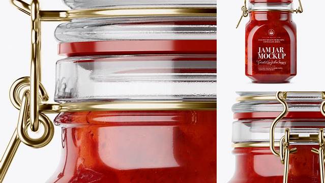 420+ 900ml Strawberry Jam Glass Jar with Clamp Lid PSD Mockup Front View Eye-Level Shot Download Free Premium Design PSD