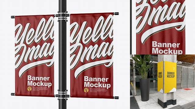 4201+ Two Glossy Banners on Pillar PSD Mockup Half Side View Free Graphic Design Mockup File