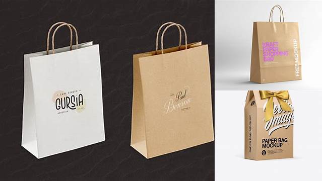 4211+ Kraft Paper Bag With Bow PSD Mockup Half Side View Exclusive Free Photoshop Asset