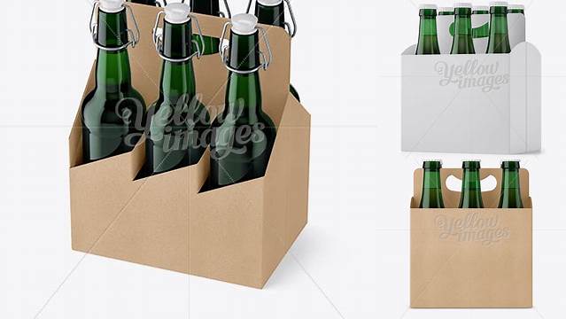 4217+ Kraft Paper 6 Pack Green Bottle Carrier PSD Mockup Halfside View High Angle Shot High-Quality Digital Mockup Resource