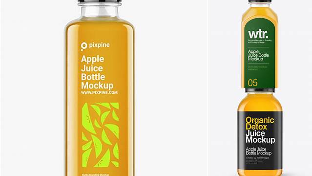 4232+ Square Apple Juice Bottle PSD Mockup Front View Free Premium Photoshop Template Download