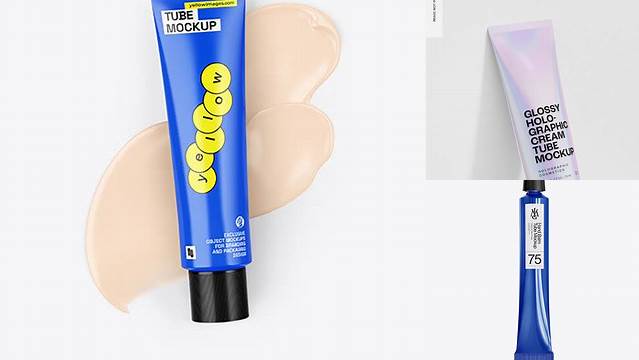 4234+ Glossy Cream Tube & Paper Box PSD Mockup High Angle Shot Download Free Premium Design PSD