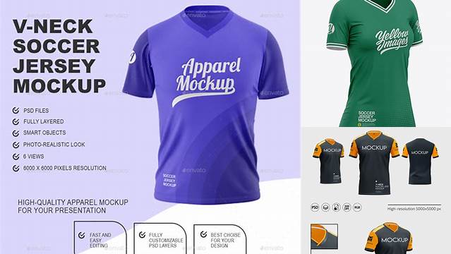 4241+ Women’s Soccer V-Neck Jersey PSD Mockup Front View Easy-to-Edit PSD