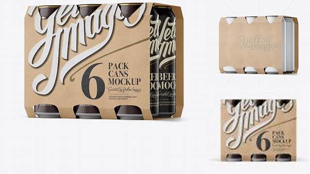 4242+ Kraft 6 Pack Cans PSD Mockup Halfside View Eye-Level Shot Customizable PSD Templates