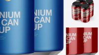 4245+ Pack with 4 Metallic Aluminium Cans with Plastic Holder PSD Mockup Half Side View Free Mockup PSD Template