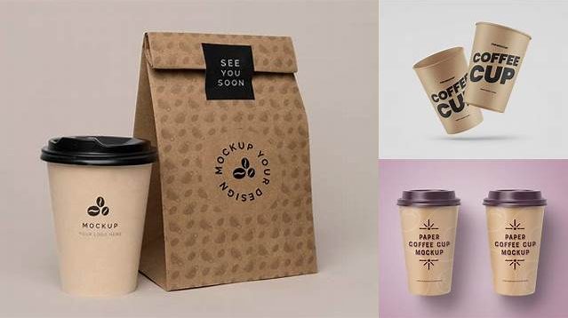 4257+ Matte Bag with Kraft Coffee Cup PSD Mockup Front View Free Premium Photoshop Template Download