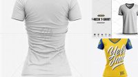 4300+ Women’s Slim-Fit V-Neck T-Shirt PSD Mockup Back Half-Side View Professional Graphic PSD Download